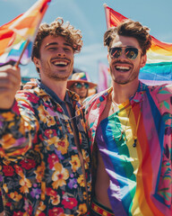 Naklejka premium Three cheerful friends bright clothes make up in parade. Concept LGBTQ and pride concept