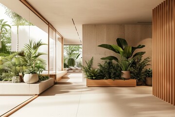 Modern plant room design. Interior architecture with green home. House wall gardening background. Living window style, indoor apartment. Empty wood decoration. Cozy contemporary