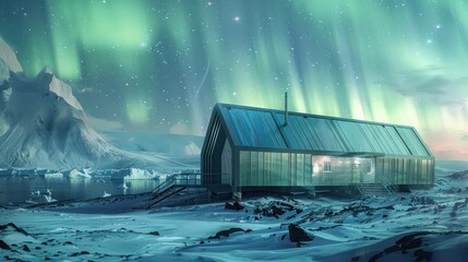 conceptual portrayal of an arctic research station made from specially insulated aluminum siding, under the aurora borealis