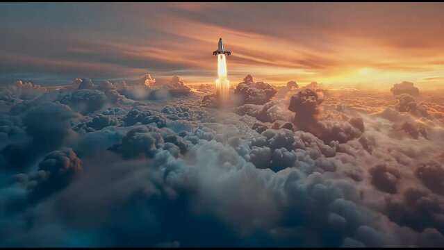 Animation of a rocket launch against the sky. Smoke and fire from upward movement.