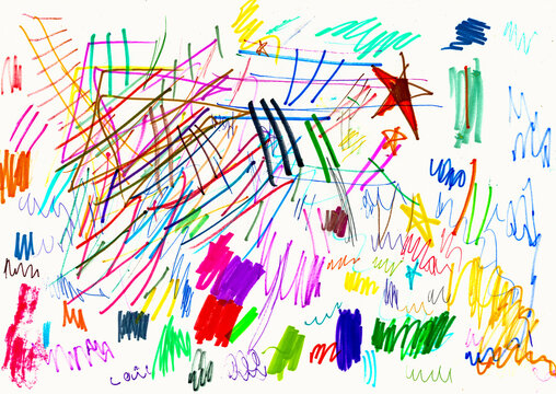 Kindergekritzel mit bunten Filzstiften auf einem weissen Blatt Papier