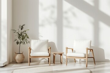 Modern white interior. Home furniture design in style. Apartment living room wall decor. Elegant house background with armchair. Light sofa, contemporary indoors. Scandinavian