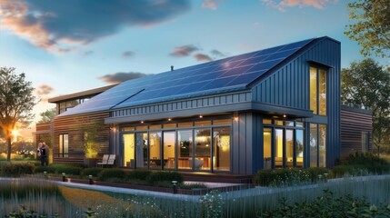 conceptual solar-powered home with aluminum siding designed with integrated photovoltaic cells, emphasizing energy efficiency and modern design