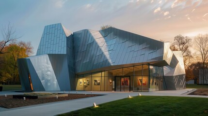 Obraz premium contemporary art museum exterior featuring a complex, angular aluminum siding structure