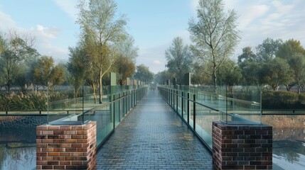 Obraz premium contemporary bridge with brick piers and glass walkways, combining traditional masonry with modern design for a unique pedestrian experience