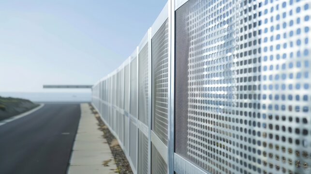 detailed shot of a modern windbreak fence along a coastal road, made from perforated aluminum siding to withstand salty winds