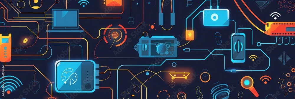 Fototapete A stylized illustration depicting various network devices like routers, modems, and smart home gadgets, all connected by abstract lines symbolizing data flow. Generative AI