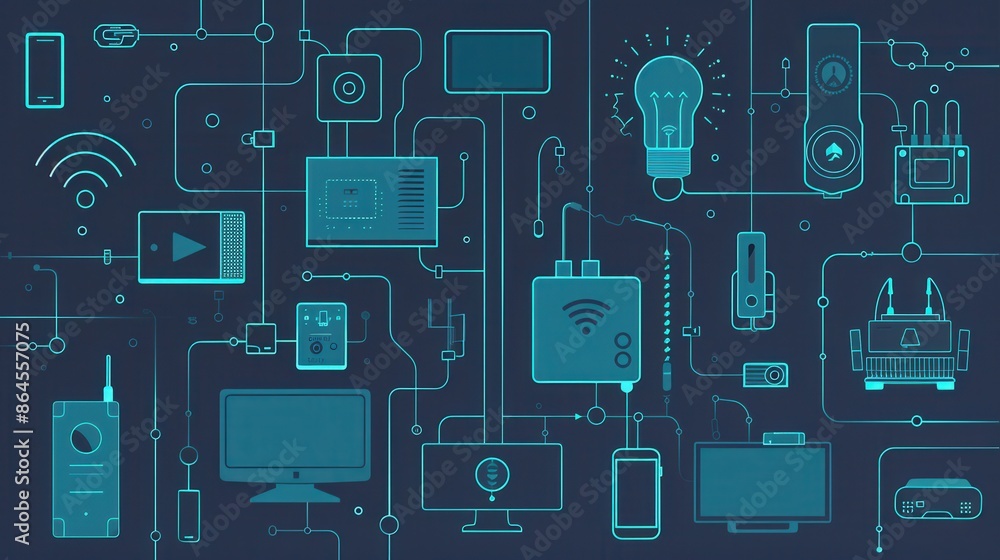 Poster an illustration depicting various network devices such as routers, modems, and smart home gadgets in