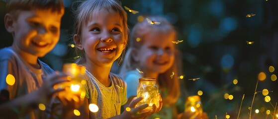 Children giggling with delight as they chase after fireflies with jars in hand