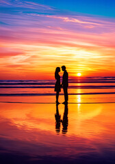A couple standing on a beach at sunset, with the reflection of their figures visible in the water beneath them.