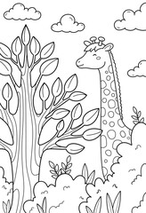 Coloring book for children, little cute giraffe lies on the grass, coloring page. Printable coloring page template cartoon. Tree, forest, jungle, landscape.