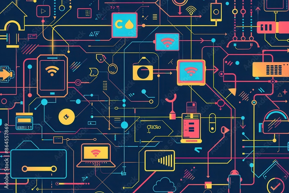 Fototapete an abstract illustration depicting interconnected network devices, including routers, modems, and sm