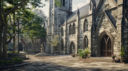 Fototapeta premium historic church with intricate stone masonry restored to its original splendor, serving as both a place of worship and a monument to architectural artistry