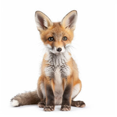 Obraz premium A tiny baby fox with a bushy tail and big ears, sitting and looking curious, isolated on white background