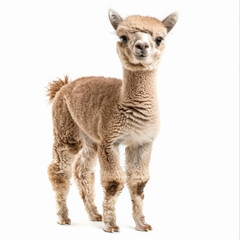 Obraz premium A fluffy baby alpaca with a friendly expression, standing and looking around, isolated on white background