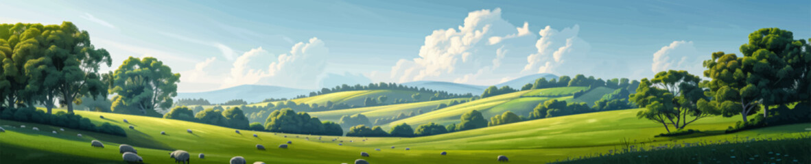 A picturesque landscape of rolling green hills with sheep grazing under a bright sky filled with fluffy clouds. Generative ai vector illustration. Pop art comic book style imitation