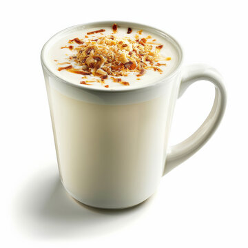 A mug of hot coconut milk latte with a sprinkle of toasted coconut, isolated on white background