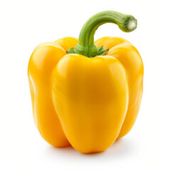 A whole, fresh yellow bell pepper with a shiny surface and a green stem, isolated on white background