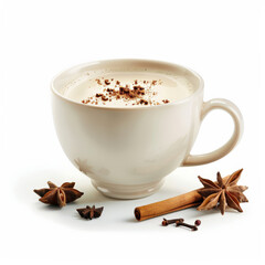 A cup of spiced chai tea latte with a sprinkle of nutmeg, isolated on white background