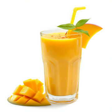 A glass of mango lassi with a slice of mango and a straw, isolated on white background