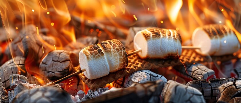 Closeup of golden marshmallows roasting to perfection over glowing embers