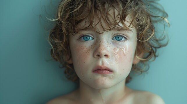 A very sad child, against a muted blue background.