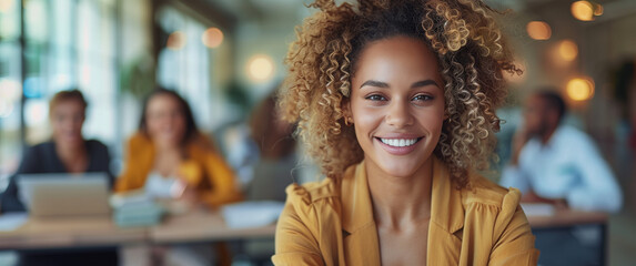 African American businesswoman, manager looking straight ahead with a confident look in a business meeting. 
