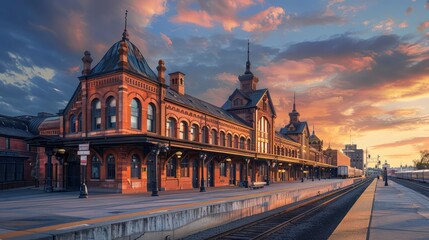 Obraz premium historic train station with ornate brick detailing, restored to its original splendor and serving as a gateway to the citya??s vibrant history