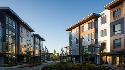 large urban renewal project featuring buildings with interlocking aluminum siding, designed to improve aesthetic appeal and energy efficiency in the community