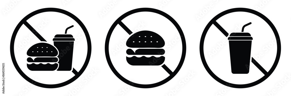 Wall mural prohibition of food eating and drinking icon set. burger and drink bottle symbol. vector illustratio