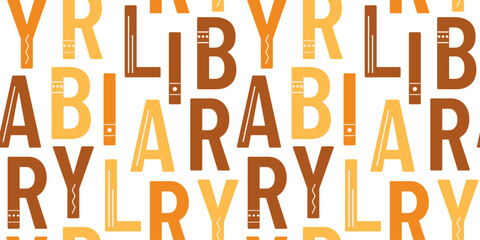 Pattern with word Library. Letters with patterns, like hardcover books. Seamless print in English language on white background. Composing text. Education. Brown, orange, yellow. Vector illustration