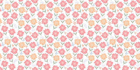 Childish sketch floral seamless pattern with red and orange daisy flowers, hearts and dots. Cute ditsy botanical print with hand drawn gerbera for textile, wrapping paper, surface design, wallpaper