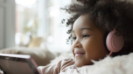 Adorable African American girl with curly hair, wearing headphones, sitting on a cozy sofa, focused on a tablet, highlighting modern technology use in a home setting.