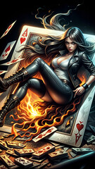 woman in a fire,sitting on game card,concept art 