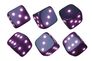 Casino gambling game dice. Iridescent dice with neon colors. Purple dice. 3d render
