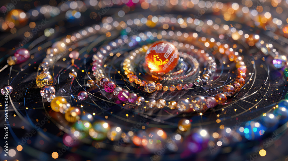 Poster an intricate, 3d representation of helicoidal classification, futuristic background with rainbow col