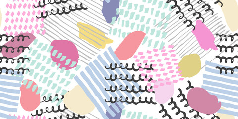 Cute abstract vector colorful seamless pattern with textured hand drawn chaotic shapes and lines. Playful texture for kids textile design, wrapping paper, surface, wallpaper, background
