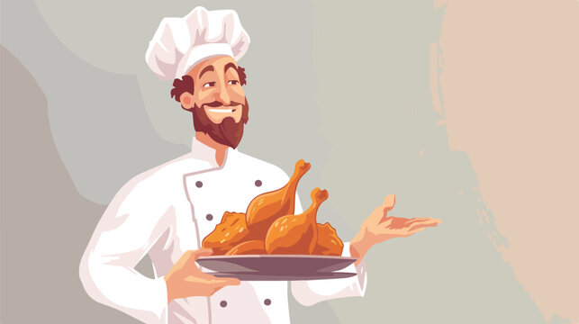Chef in white robe presenting fried chicken. Male chaf