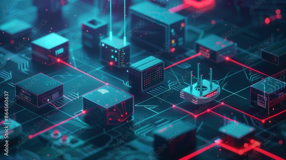 Poster a digital illustration depicting various network devices, such as routers, modems, and smart home ga