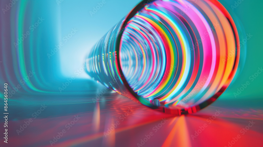 Poster glass cylinder with colorful reflections creating a tunnel effect