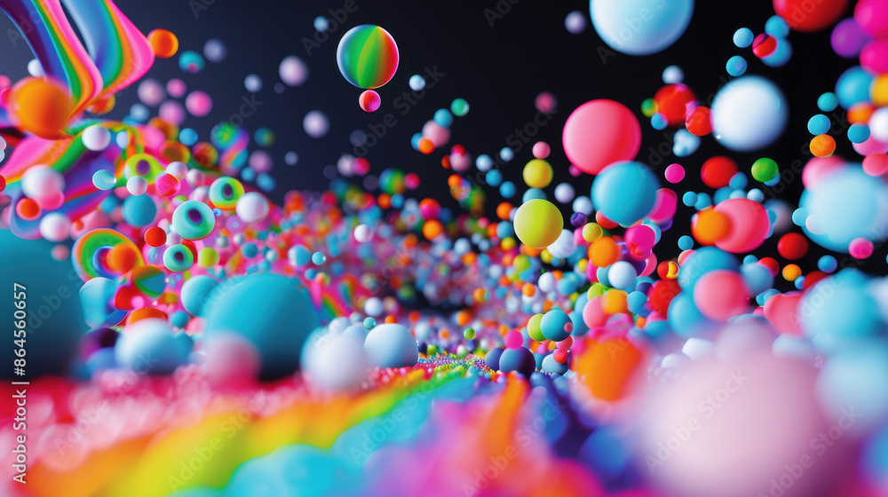Poster 3d render of colorful rainbow spheres bouncing and floating