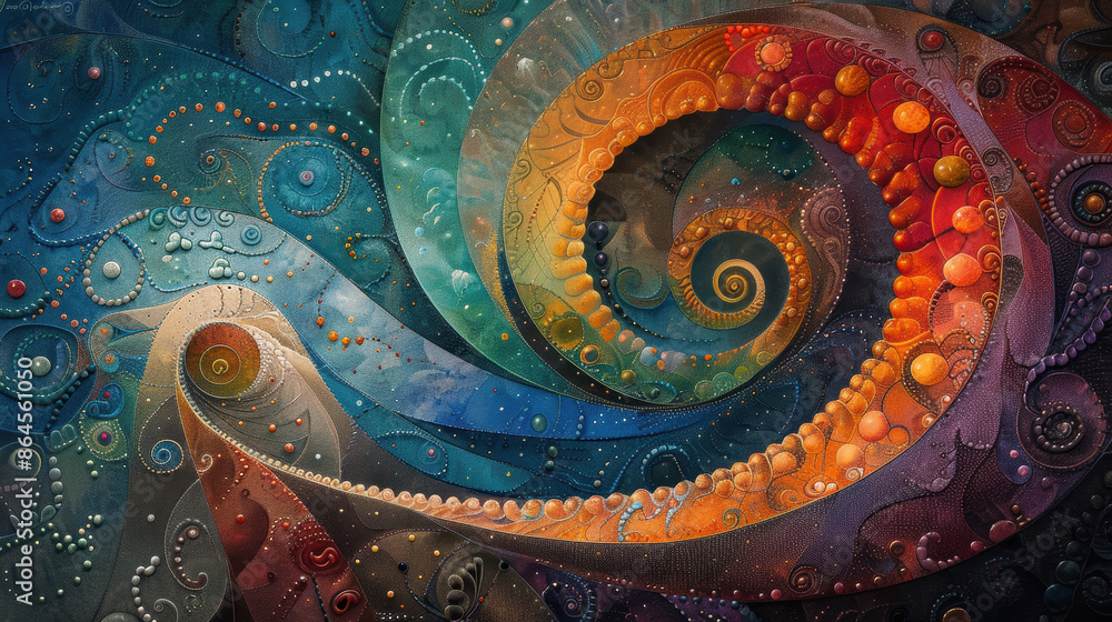 Poster an intricate, 3d representation of helicoidal classification, futuristic background with rainbow col