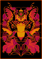 A fortune-telling card with a panther, a hummingbird and hibiscus flowers. Mysticism and magic concept. A hand-drawn illustration, not an AI