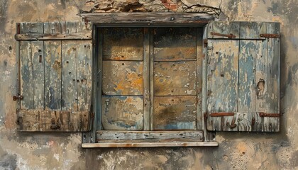 Rustic window with weathered shutters, earthy tones, detailed textures, realistic painting