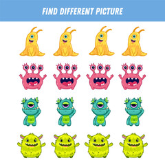 Find different monster each row. Logical game for kids. Cartoon character. Doodle. Vector illustration
