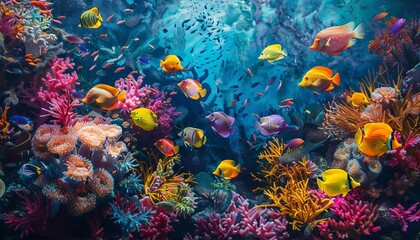 Naklejka premium Tropical aquarium with colorful fish, vibrant colors, detailed, photo realism