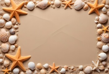 Obraz premium Starfish and shells framing over a sand beach background, free space in the middle