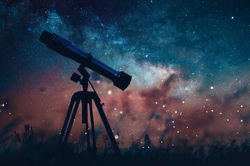 Telescope Pointing at Milky Way Galaxy. Night Sky Photography. Astronomy and Stargazing Concept for Poster and Print.