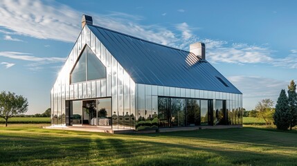 Obraz premium modern interpretation of a barn, with sleek aluminum siding that reflects the rural landscape around it