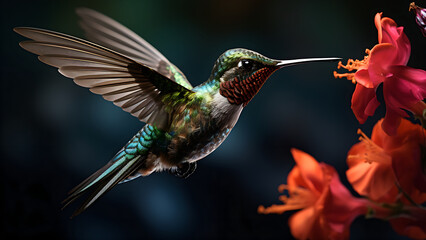 Fototapeta premium Hummingbird - Bird, Avian, Small, Nature, Wildlife, Cute, Feathers, Exotic, Flying